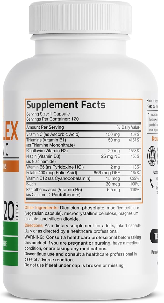 Bronson Vitamin B Complex with Vitamin C - Immune Health, Energy Support & Nervous System Support - Non-GMO, 120 Vegetarian Capsules