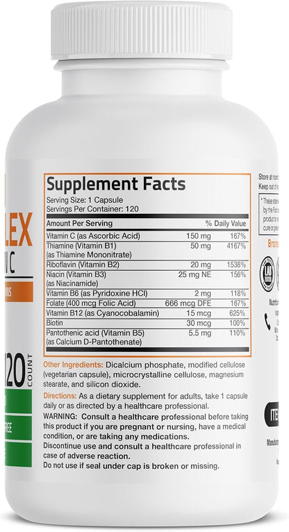 Bronson Vitamin B Complex with Vitamin C - Immune Health, Energy Support & Nervous System Support - Non-GMO, 120 Vegetarian Capsules