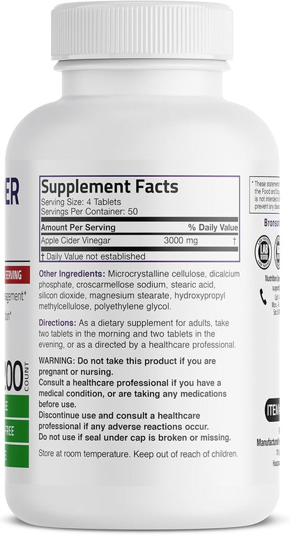 Bronson Apple Cider Vinegar 3000 MG per Serving Extra Strength - Non-GMO, 200 Vegetarian Tablets