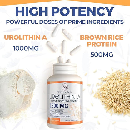Urolithin A Supplement 1500MG Plus Brown Rice Protein, for Exercise Performance & Premium Cellular, Gluten Free, 60 Capsules