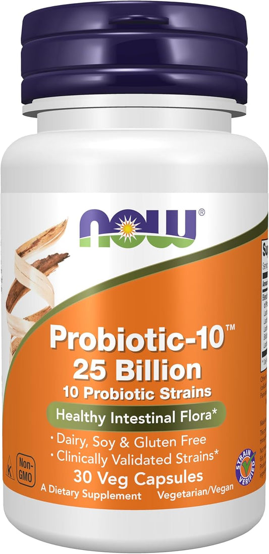 NOW Foods Supplements, Probiotic-10™, 25 Billion, with 10 Probiotic Strains, Dairy, Soy and Gluten Free, Strain Verified, 30 Veg Capsules