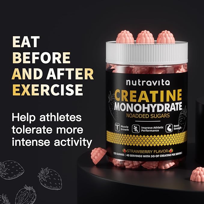 Creatine Monohydrate Gummies for Men & Women-5g of Creatine Monohydrate per Serving - Sugar Free,Vegan, Strawberry Flavor, 120 Count