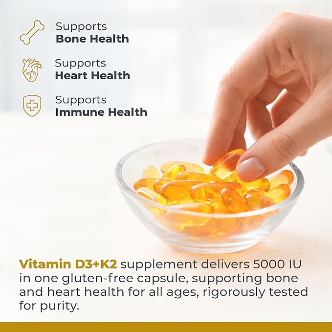 Premier Research Labs: Vitamin D3 + K2 Supplements | for Bone Support and Promotes Heart Health, Gluten-Free - 5000 IU Vegan Supplements - Tested Quality | 30 Plant-Source Based Capsules