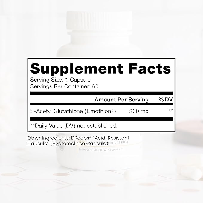 S-Acetyl Glutathione GOLD - 60 DRcaps "Acid-Resistant" | 200mg Per Capsule | Patented Acetylated Form of Glutathione (Emothion®) | 2 Month Supply | ZERO Fillers / Flow Agents | Pharmaceutical Grade