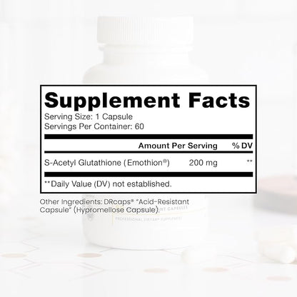 S-Acetyl Glutathione GOLD - 60 DRcaps "Acid-Resistant" | 200mg Per Capsule | Patented Acetylated Form of Glutathione (Emothion®) | 2 Month Supply | ZERO Fillers / Flow Agents | Pharmaceutical Grade