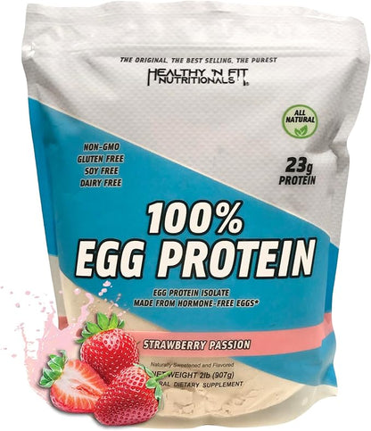 Healthy N Fit 100% EGG PROTEIN- Strawberry (2lb): 100% Egg White Protein PLUS Natural Peptides. Naturally Sweetened, Zero Carb, Keto, Paleo Friendly