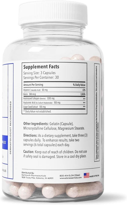 Elon Skin Anew with Hydrolyzed Collagen & Hyaluronic Acid & Antioxidants | Hydrating & Anti Aging Skin Supplement for Vibrant Skin Health (90 Capsules)