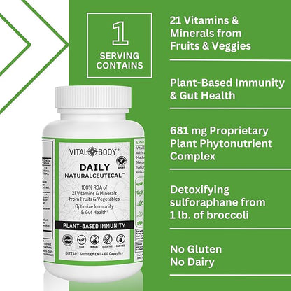 Daily Naturalceutical 100% RDA of 21 Vitamins & Minerals from Fruits & Vegetables + PreBiotics, Postbiotics, & Enzymes | Plant Based Immunity - Daily Multivitamin