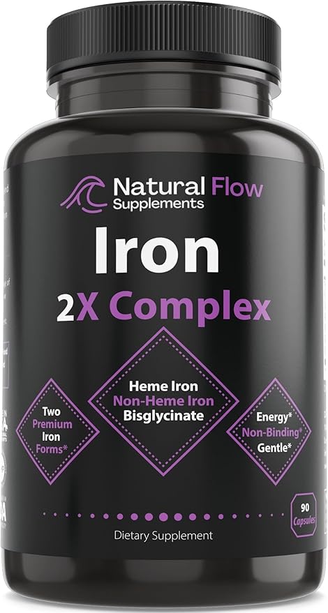 Iron Supplement 2-in-1 Complete Complex - Natural Flow 2X Heme and Chelated Non Heme Iron Bisglycinate, Folate, B and Vitamin C, for Anemia and Blood Building Support, Gentle on Stomach, 90 Caps