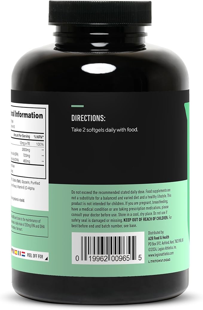 LEGION Triton Fish Oil Capsules - Triple Strength Omega 3 Essential Fatty Acids with Vitamin E & Lemon Oil for Maximum Absorption, Freshness & Purity - 2400mg EPA & DHA Per Serving, 30 Svgs