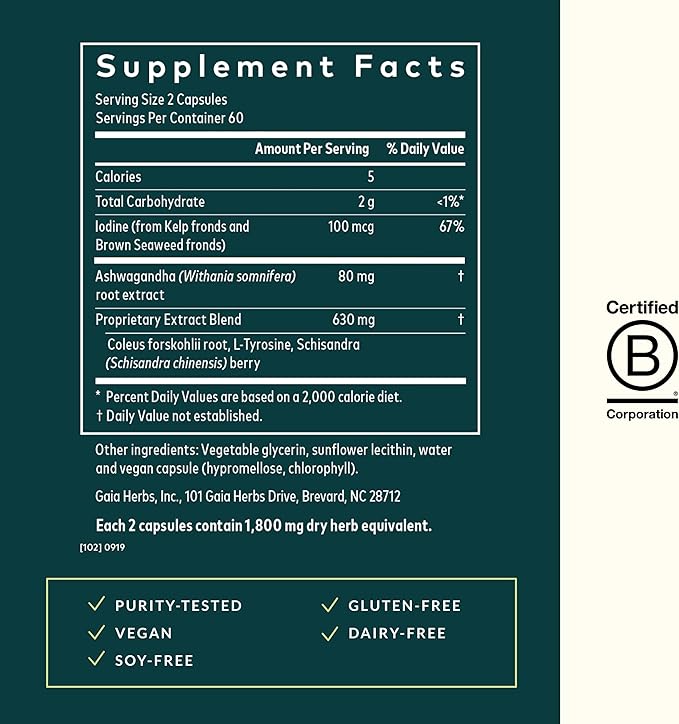 Gaia Herbs Thyroid Support - Made with Ashwagandha, Kelp, Brown Seaweed, and Schisandra to Support Healthy Metabolic Balance and Overall Well-Being - 120 Vegan Liquid Phyto-Capsules (40-Day Supply)