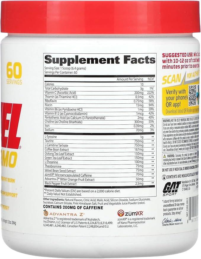 GAT SPORT JetFuel Thermo Powder for Fat Burning, ZumXR Caffeine, Carnitine, Theanine, for Men & Women (Strawberry Lemonade)