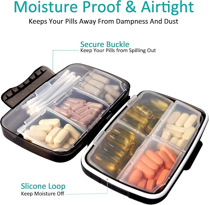 Travel Pill Organizer Large Portable Moisture Proof Vitamin Case, Fullicon Oversize 8 Compartment Pill Box, Pill Holder - Airtight & Moistureproof – Grey