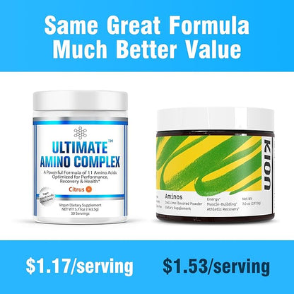 Ultimate Amino Complex Supplement (Citrus Flavor, 30 servings, 4g each) All 9 EAAs & BCAAs (L-Leucine, L-Isoleucine & L-Valine) Essential Amino Acid Powder for Women & Men for Energy & Muscle Recovery