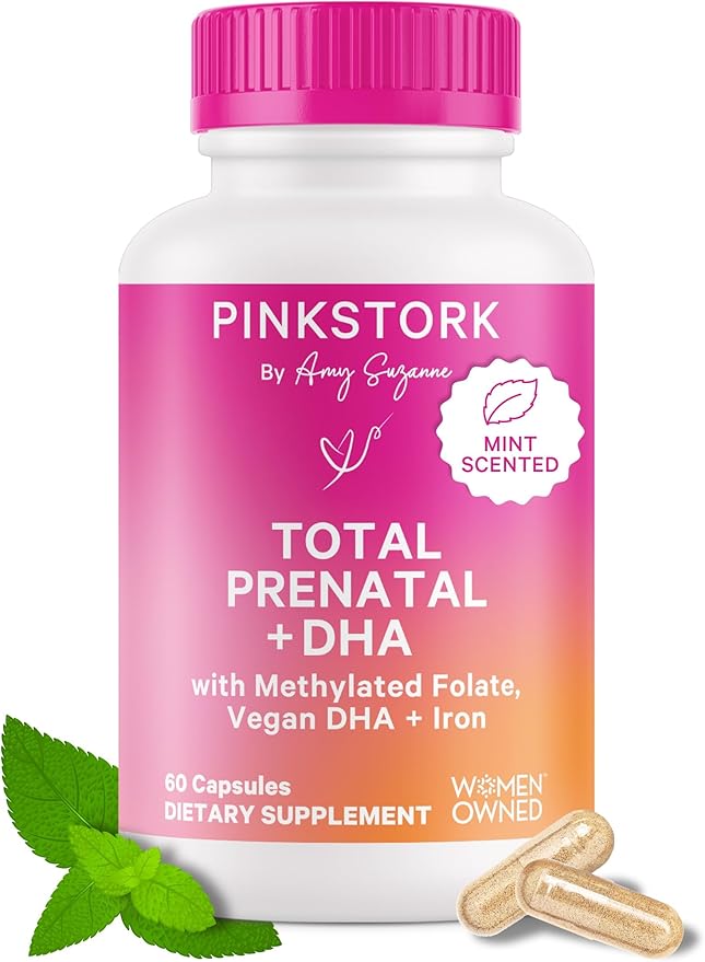 Pink Stork Total Prenatal Vitamins with DHA, Folate, Iron, Choline, and Vitamin B12 - Preconception Nutrition - Prenatals for Women, Pregnancy Must Haves - Mint Essence, 60 Capsules, 1 Month Supply