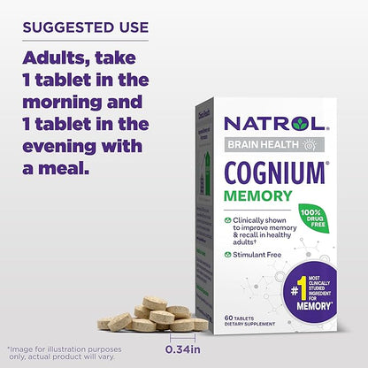 Natrol Cognium Memory, Brain Health Supplements for Adults, Dietary Supplement for Brain Health and Clinically Shown to Improve Memory and Recall in Healthy Adults, 60 Tablets, Up to a 30 Day Supply