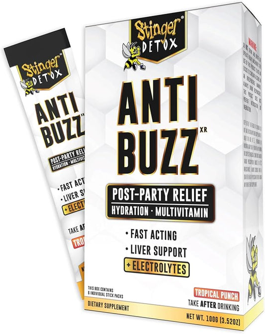 Stinger Detox Anti-Buzz Post-Celebration, Hydration & Multivitamin Packet Drink Mix | DHM, VIT. B Complex, Riboflavin, Niacin + Electrolytes | Tropical Punch 1 Pack (6 Servings)