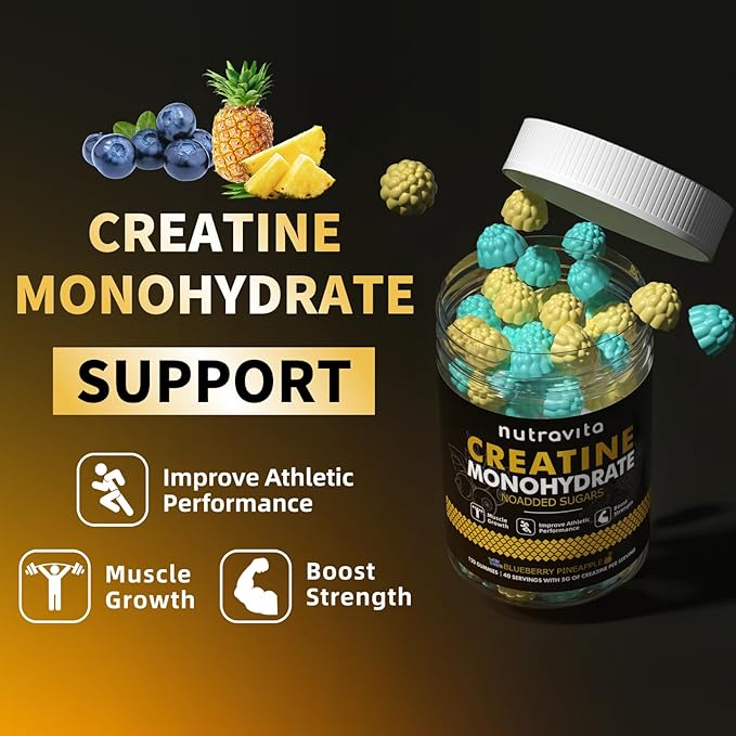 Creatine Monohydrate Gummies for Men & Women-5g of Creatine Monohydrate per Serving - Sugar Free,Vegan,Blueberry Pineapple Flavor, 120 Count
