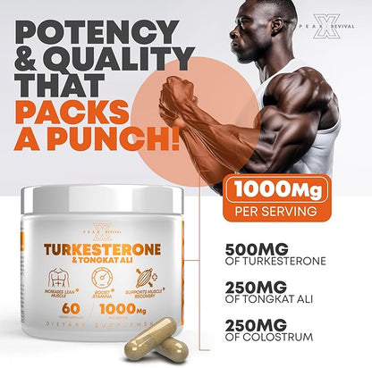 Turkesterone & Tongkat Ali 1000mg Supplement - 500mg Ajuga Turkestanica Per Serving Increase Stamina, Lean Muscle Growth & Recovery - Made in The USA (60 Capsules)