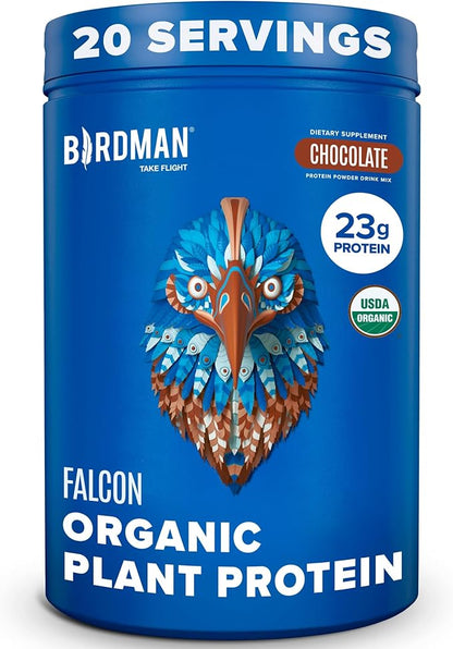 BIRDMAN Falcon Vegan Protein Powder Organic, Stevia & Sugar Free, Plant Based Protein, Low Carb, Dairy Free, Keto, Non Whey Protein, Probiotic, Pea Protein | Chocolate Flavor - 20 Servings - 1.32lb