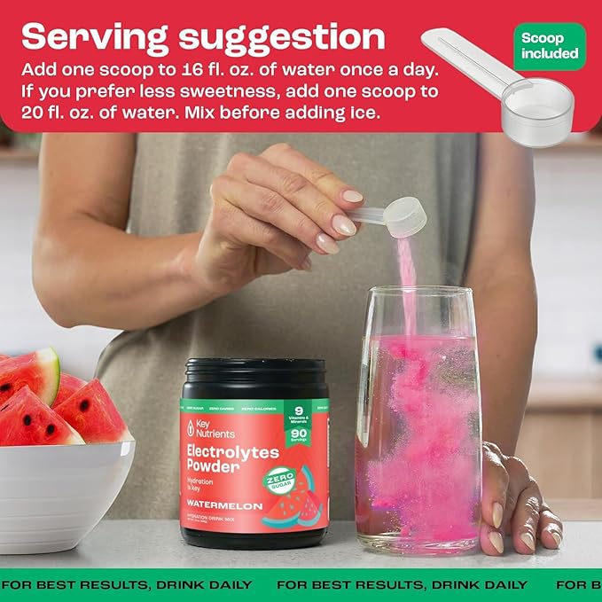 KEY NUTRIENTS Multivitamin Electrolytes Powder No Sugar - Refreshing Watermelon Electrolyte Powder - Endurance & Energy Supplement - Hydration Powder - No Calories - 90 Servings - Made in USA