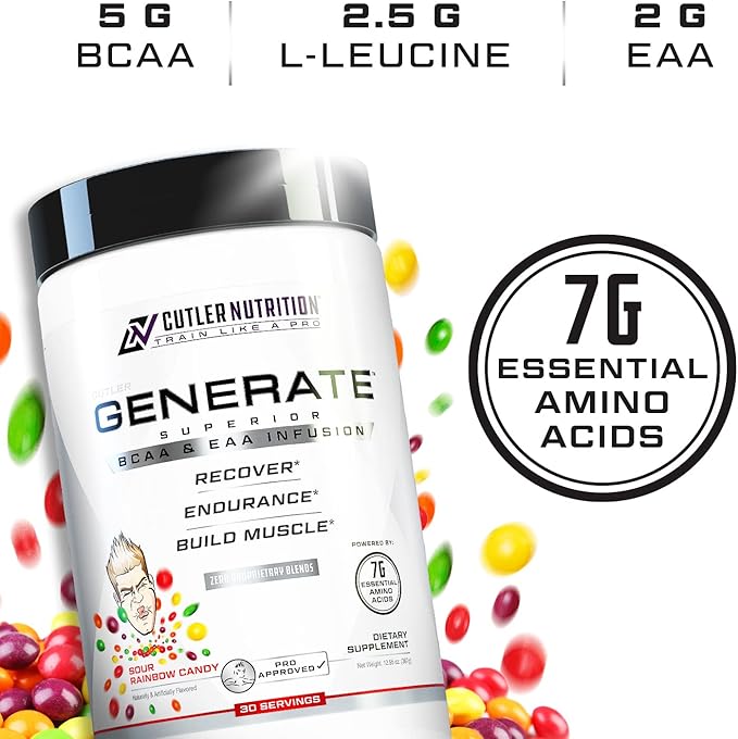 Cutler Nutrition Generate EAA and BCAA Powder: Best Branched Chain Amino Acids Supplement with Essential Amino Acids, 5g BCAAs, 2g EAAs for Lean Muscle Mass | Sour Rainbow Candy, 30 Servings