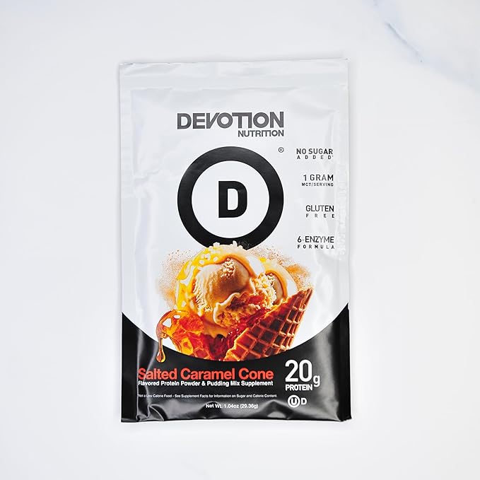 Devotion Nutrition Protein Powder Blend | Gluten Free, Keto Friendly, No Added Sugars | 1g MCT | 20g Whey & Micellar Protein | 12 Count Packets (Salted Caramel Cone)