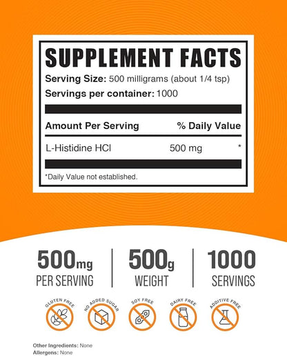 BulkSupplements.com L-Histidine HCl Powder - L-Histidine Supplement, Histidine 500mg - Essential Amino Acid, Gluten Free, 500mg per Serving, 500g (1.1 lbs) (Pack of 1)