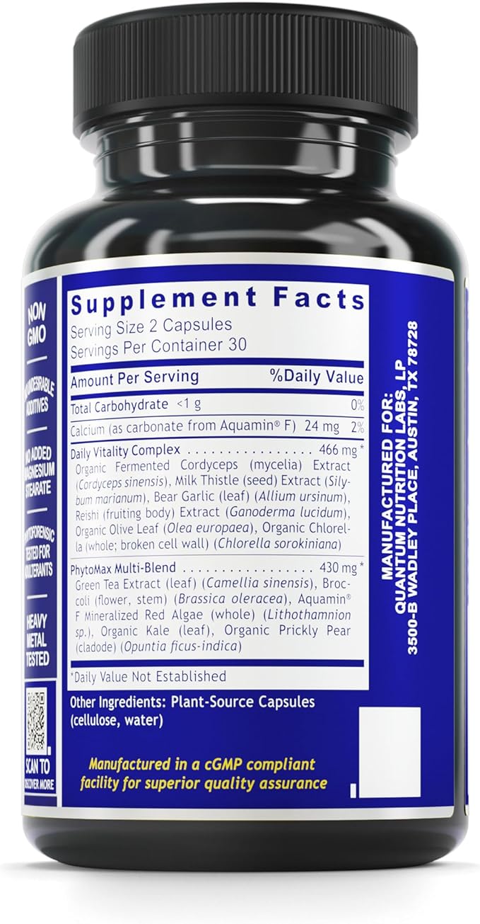 Quantum Nutrition Labs Daily Multivitamin - Multivitamin for Men and Women, Daily Nutrition Supplements with Calcium for Adults, Made with Cordyceps and Green Tea - 60 Vegetarian Capsules