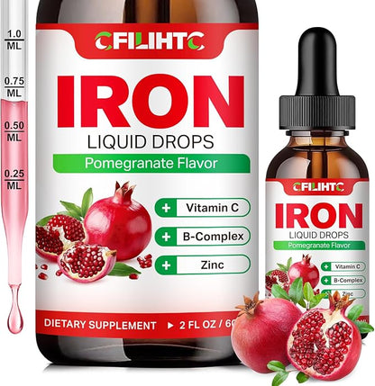 Liquid Iron Supplement for Women Men & Kids Multivitamin Iron Drops with Folate, Vitamin C, B6, B12, Zinc for Anemia, Iron Deficiency, Blood Builder, Energy - Natural Pomegranate Flavor, Vegan 2 Fl Oz