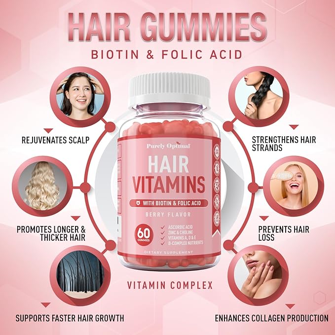 Purely Optimal Premium Hair Vitamins Supplement-Gummy Vitamins w/Biotin, Folic Acid, Vitamins A&D-Supports Faster Hair Growth & Promotes Healthy Hair, Skin, & Nails-60 Non-GMO Berry Flavored Gummies