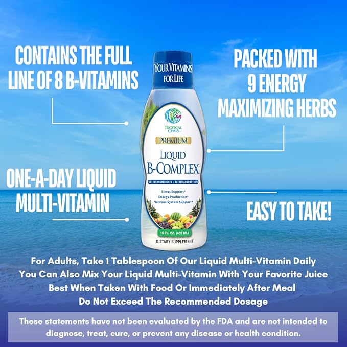 Premium Liquid B Complex Vitamin- Fast Absorbing Liquid B-Complex Supplement w/ all 8 B-vitamins, PLUS energizing herbal blend w/ Ginseng, Ginkgo, and Eleuthero Root - Vegan, NON-GMO - 16oz, 32 Serv