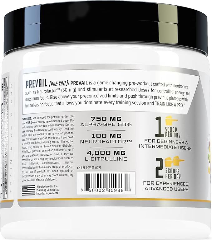 Prevail Pre Workout Powder with Nootropics Pre-Workout Drink for Men and Women Lazer Focus and Energy Stim Pre Workout with L-Citrulline Alpha GPC and L Tyrosine , 40 Scoops (Tropical Punch)