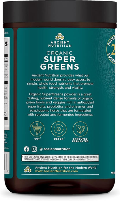 Super Greens Powder by Ancient Nutrition, Organic Superfood Powder with Probiotics Made with Spirulina, Chlorella, Matcha, and Digestive Enzymes, 25 Servings, 7.5oz