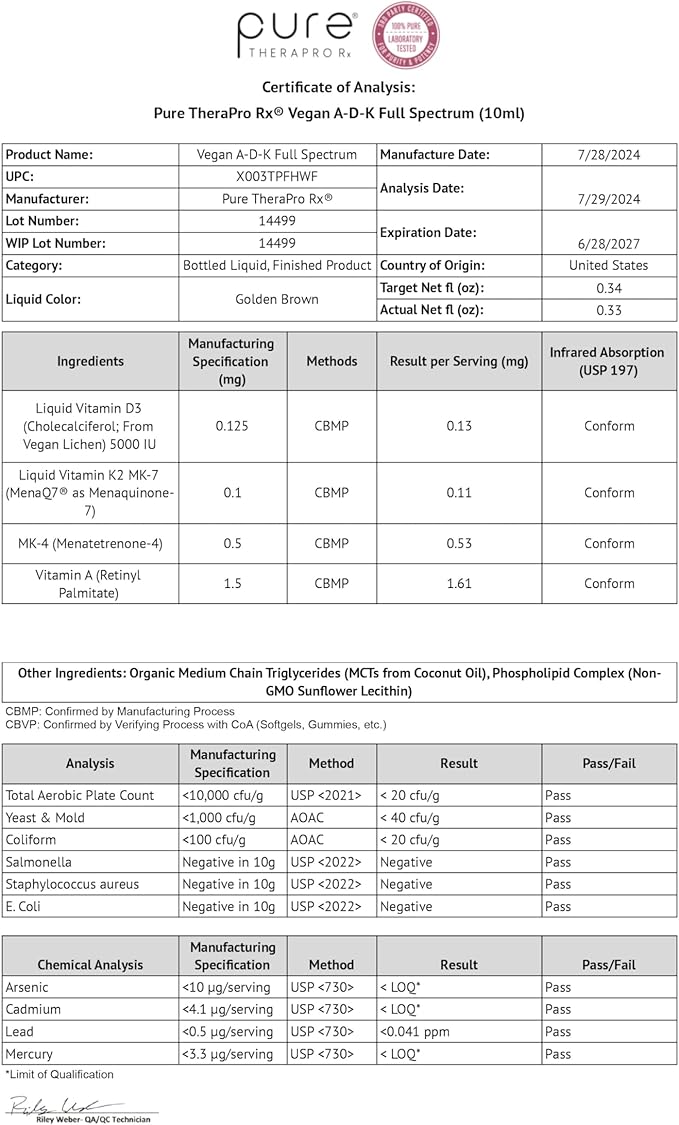 Pure Therapro Rx Vegan A-D-K Drops - 3 Month Supply - Vitamin A (Palmitate), Liposomal Vitamin D3 (Pureshine), Liposomal Vitamin K2 (MK-4 & MK-7) Supports Immunity & Bone Health - 10 mL