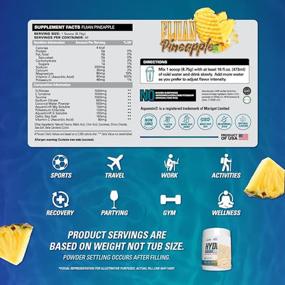 EHP Labs Hydreau Electrolytes Powder No Sugar - Hydration Powder for Endurance & Energy - Electrolyte Powder for Men & Women - Sugar Free Electrolytes - Fijian Pineapple (40 Serves)