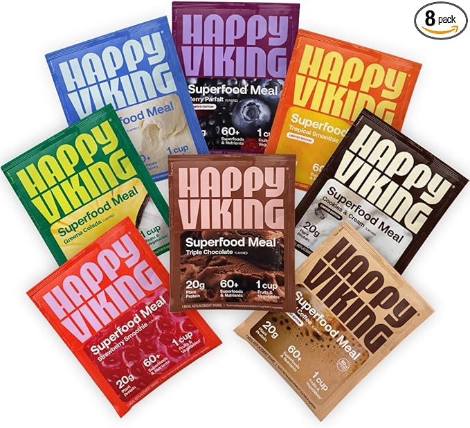 Happy Viking Variety Pack Plant Protein Powder, Created by Venus Williams, 20G Protein, Low Carb, Keto, Vegan, Gluten-Free, Non-GMO, Superfoods, Complete Meal Replacement, 8 Single Serve Packs