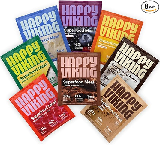 Happy Viking Variety Pack Plant Protein Powder, Created by Venus Williams, 20G Protein, Low Carb, Keto, Vegan, Gluten-Free, Non-GMO, Superfoods, Complete Meal Replacement, 8 Single Serve Packs
