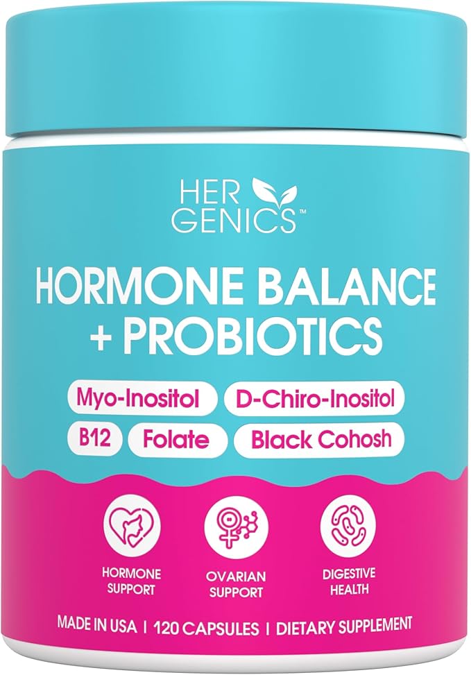 Natural Hormone Balance for Women, PCOS Supplements w/ Probiotics - Myo-Inositol & D-Chiro Inositol & Black Cohosh w/ Folate & B12 - PCOS Supplements for Hormone Balance, Female Vitamins 120 Capsules