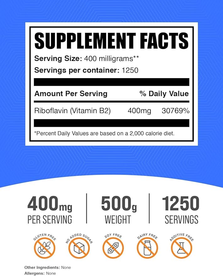 BulkSupplements.com Riboflavin Powder - as Vitamin B2, Vitamin B2 Supplement - Riboflavin 400mg, B Vitamins for Wellness, Gluten Free, 400mg per Serving, 500g (1.1 lbs) (Pack of 1)