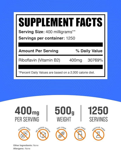 BulkSupplements.com Riboflavin Powder - as Vitamin B2, Vitamin B2 Supplement - Riboflavin 400mg, B Vitamins for Wellness, Gluten Free, 400mg per Serving, 500g (1.1 lbs) (Pack of 1)