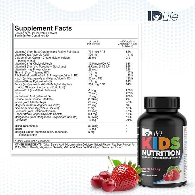 IDLife | Kids Nutrition - Mixed Berry Flavor | Essential 24 Vitamins and Minerals for Growing Bodies | Daily Nutritional Support - 60 Chewable Tablets