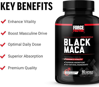 FORCE FACTOR Black Maca Root 1000mg, Vitality Supplement for Men with Black Pepper Extract for Absorption, Natural Maca Negra Extract, 90 Capsules