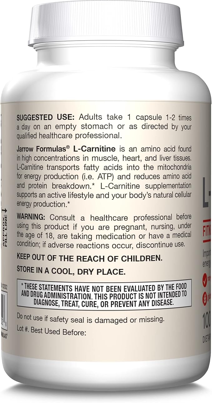Jarrow Formulas L-Carnitine 500 mg, Dietary Supplement, Support for Cellular Energy Production, 100 Veggie Capsules, 100 Day Supply