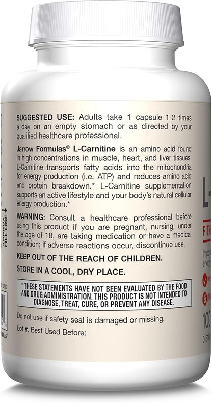 Jarrow Formulas L-Carnitine 500 mg, Dietary Supplement, Support for Cellular Energy Production, 100 Veggie Capsules, 100 Day Supply