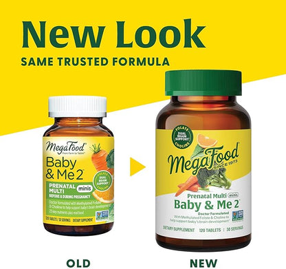 MegaFood Baby & Me 2 Prenatal Vitamin & Minerals - Vitamins for Women - with Folate (Folic Acid Natural Form), Choline, Iron, Iodine, Vitamin C, Vitamin D and More - 120 Mini Tabs (30 Servings)