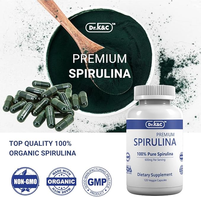 Dr.K&C Organic Spirulina Superfood Supplement – Pure Natural Blue Green Microalgae 600 mg 240 Veggie Capsules Health Immune System Antioxidants Protein Fiber No Filler Non GMO Vegan 2pk