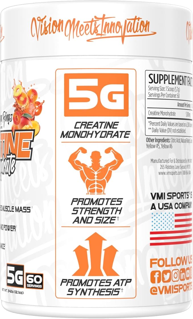 VMI Sports Creatine Monohydrate Powder Muscle Mass – Strength – Size – Power | 5 Grams per Serving (60 Servings, Peach Mango Rings)