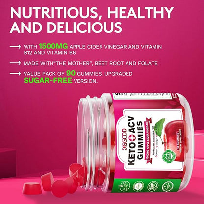 90 Count Sugar Free Keto ACV Gummies with B6 & B12-90 Count Sugar Free Keto ACV Gummies with 1500MG Apple Cider Vinegar, Sugar Free & Gluten Free - Made in USA