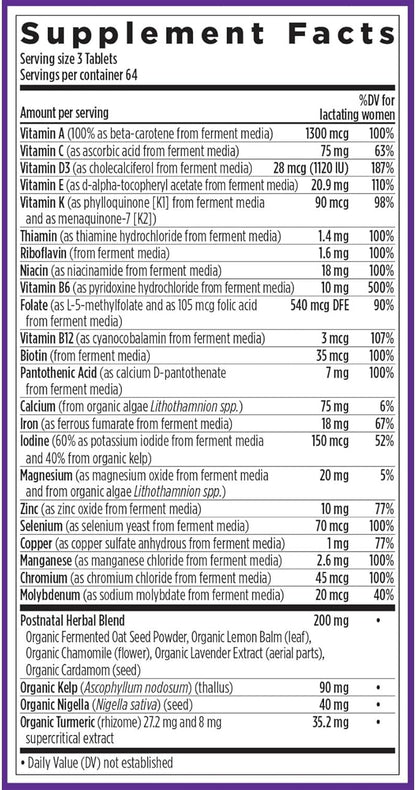New Chapter, Postnatal Vitamins Lactation Supplement, Complete Multivitamin with Fermented Vitamin D3 + B Vitamins, Made with Organic Vegetables & Herbs, Non-GMO Ingredients, 192 Count